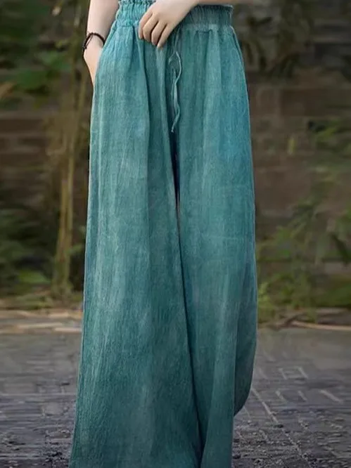 Handgefertigte, gefärbte Hose mit weitem Bein, hohe Taille, gerader Schnitt, lockere Passform, Freizeithose für Damen in Übergröße, Baumwollleinen, Frühling und Herbst