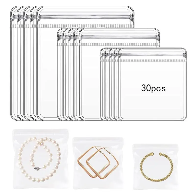 A74E-30Pcs 3 Sizes Clear Jewelry Organizer Earring Ring Necklace Storage Bags Travel, Anti Tarnish Protect Jewelry