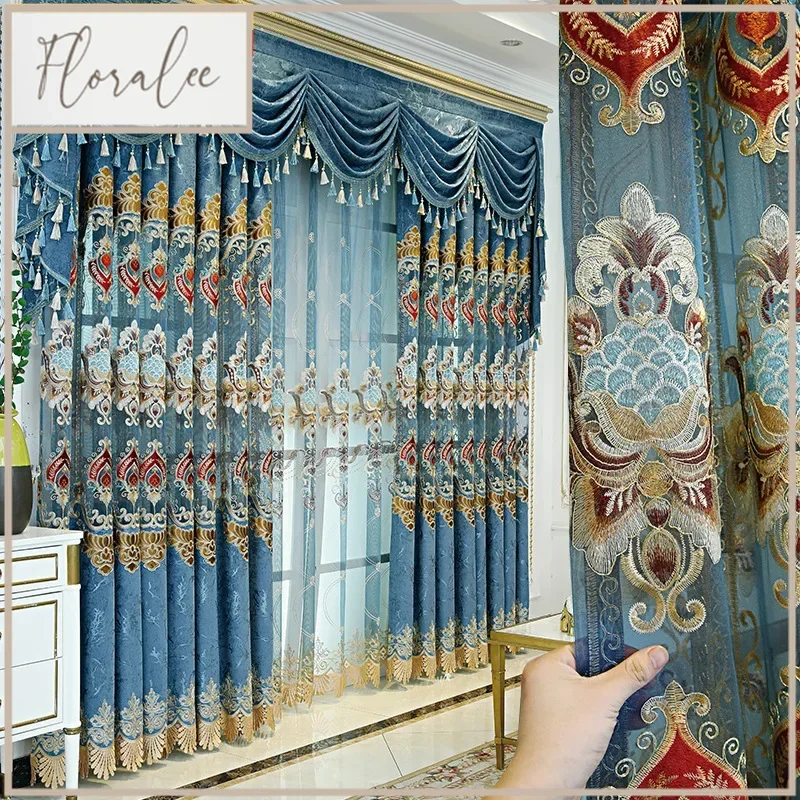 

Embroidery Thickened Blackout Chenille Curtains For Living Room Bedroom Modern Style Gauze Floor Windows Curtains Customize