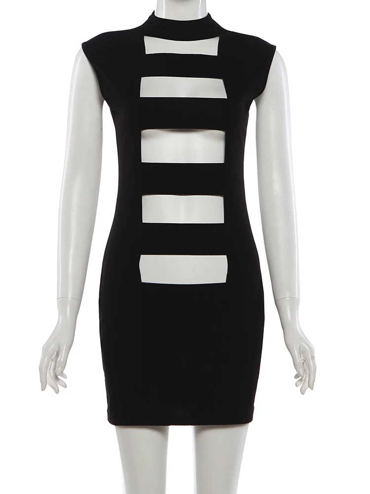 Estranho gato oco zip sexy vestido feminino sem mangas sólido magro estiramento halter sem mangas estiramento festa de aniversário clubwear bodycon