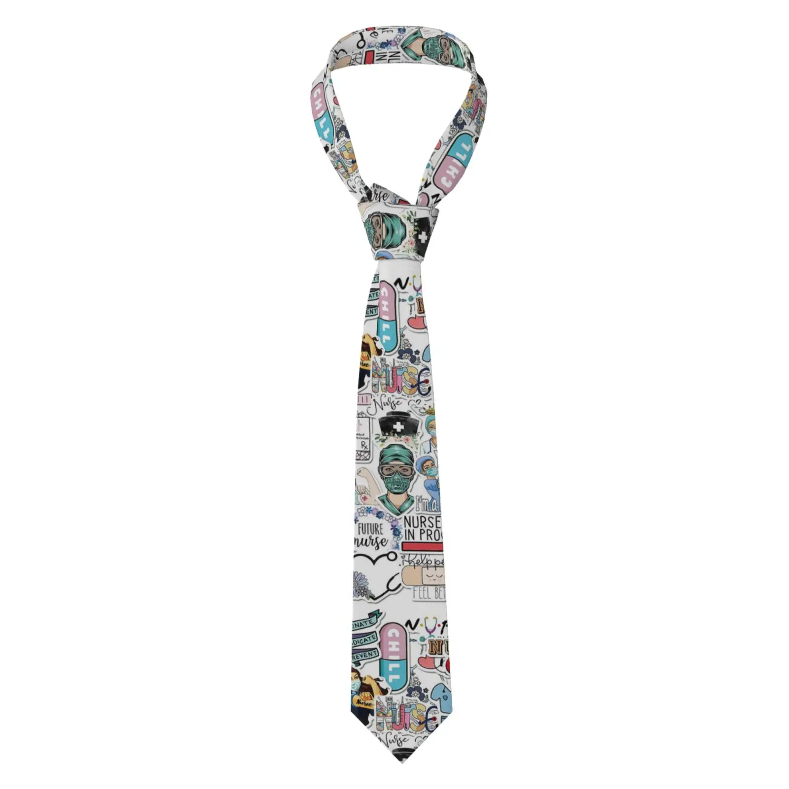 Doodle Medical Print Men Necktie, Cartoon Doctor Nurse Stethoscope Pattern Neck Tie for Hospital Work Party Formal Wear