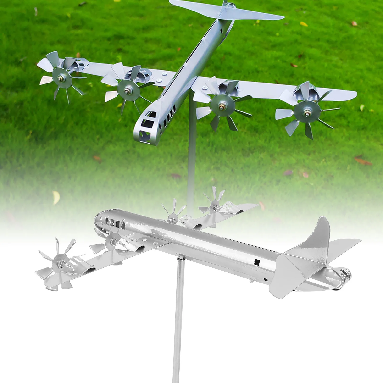 Airplane Windmill Silver Metal Aircraft Wind Spinner Decor For Garden Yard Patio