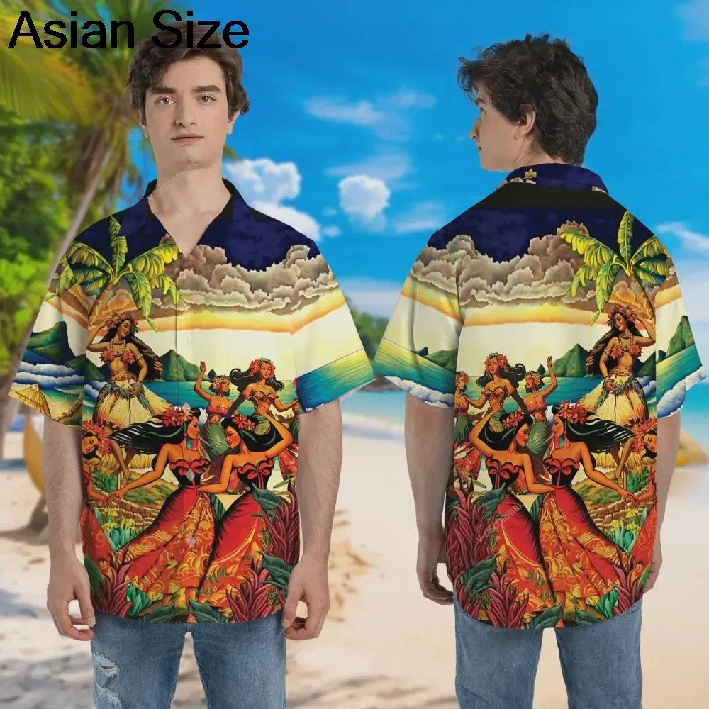 Hula Girl Aloha Shirts, Yellow Hula Girl Beach Hawaiian Shirts, Retro Short-sleeve, Unisex Summer Aloha Beach Shirts Female Tops