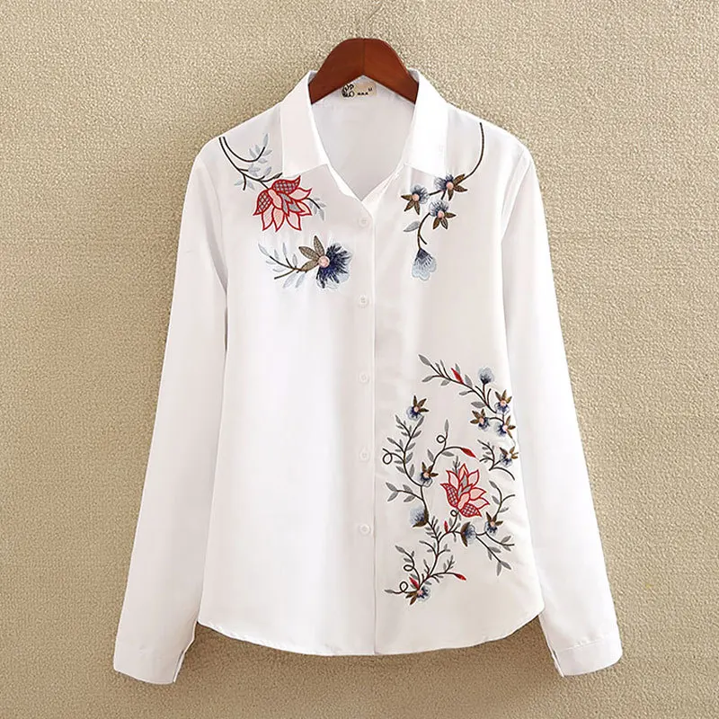 Office Lady White Long Sleeve Embroidery Shirt Blouse Women 2023 New Spring Fashion Button Slim Shirts Top Femme S-5XL