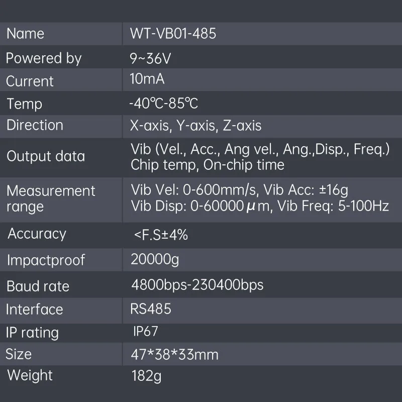 WitMotion WTVB01-485 Triaksial Perpindahan Kecepatan Amplitudo Getaran Sensor Motor Pompa Getaran Pemantauan Wate