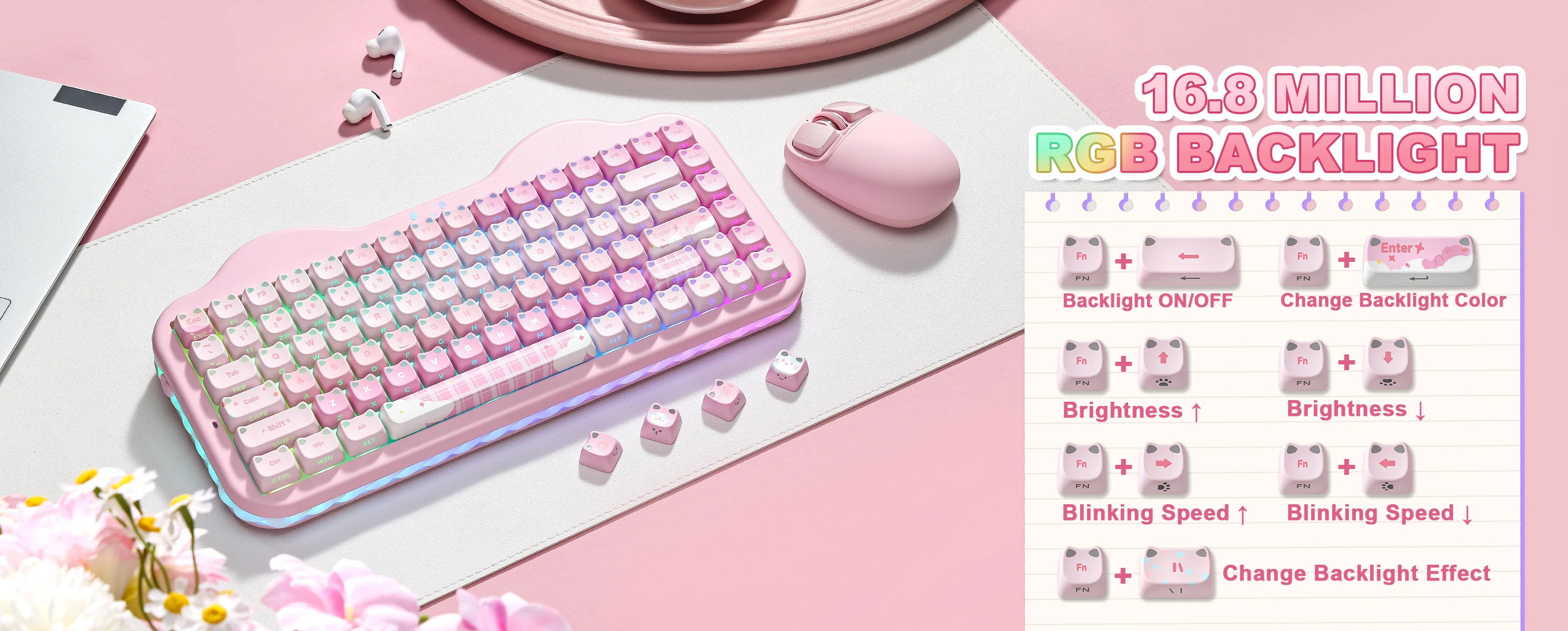 YUNZII C75 MAO Edition Mechanical Keyboard,Cute Ear Translucent Keycap,Wireless 75% NKRO Keyboards,RGB Cake Design for Win/Mac