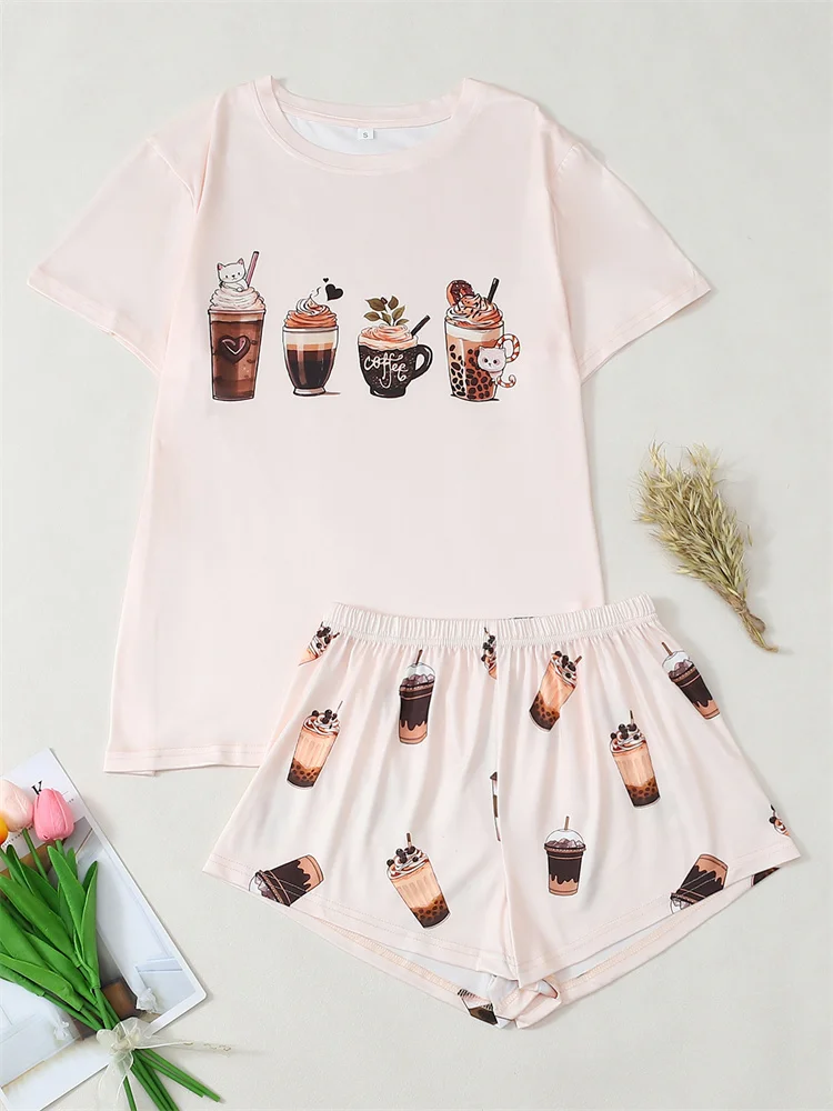 

2 шт., модная повседневная домашняя одежда для женщин, креативный кофейный принт, удобные топы с короткими рукавами, шорты, летний женский пижамный костюм