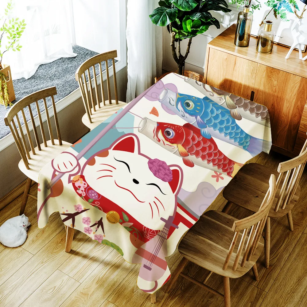 Mantel impermeable con estampado de gato y pez de la suerte, mantel de estilo japonés para decoración de boda, cubierta de mesa de fiesta