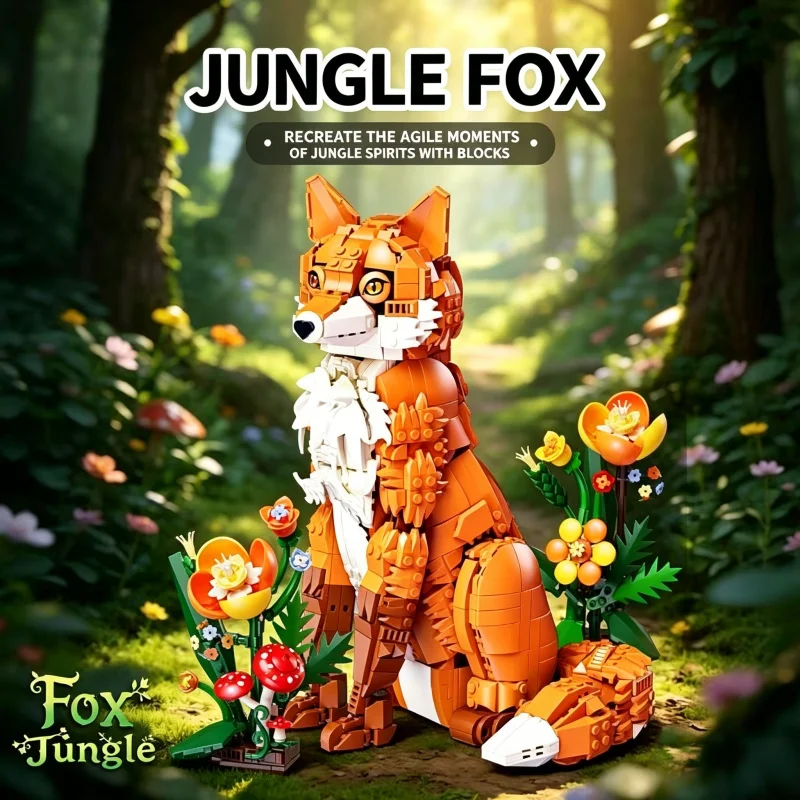 Forest Fox Building Block Set, Featuring a Movable Fox Figure Paired with Plant and Flower Building Blocks, a Decorative Home or