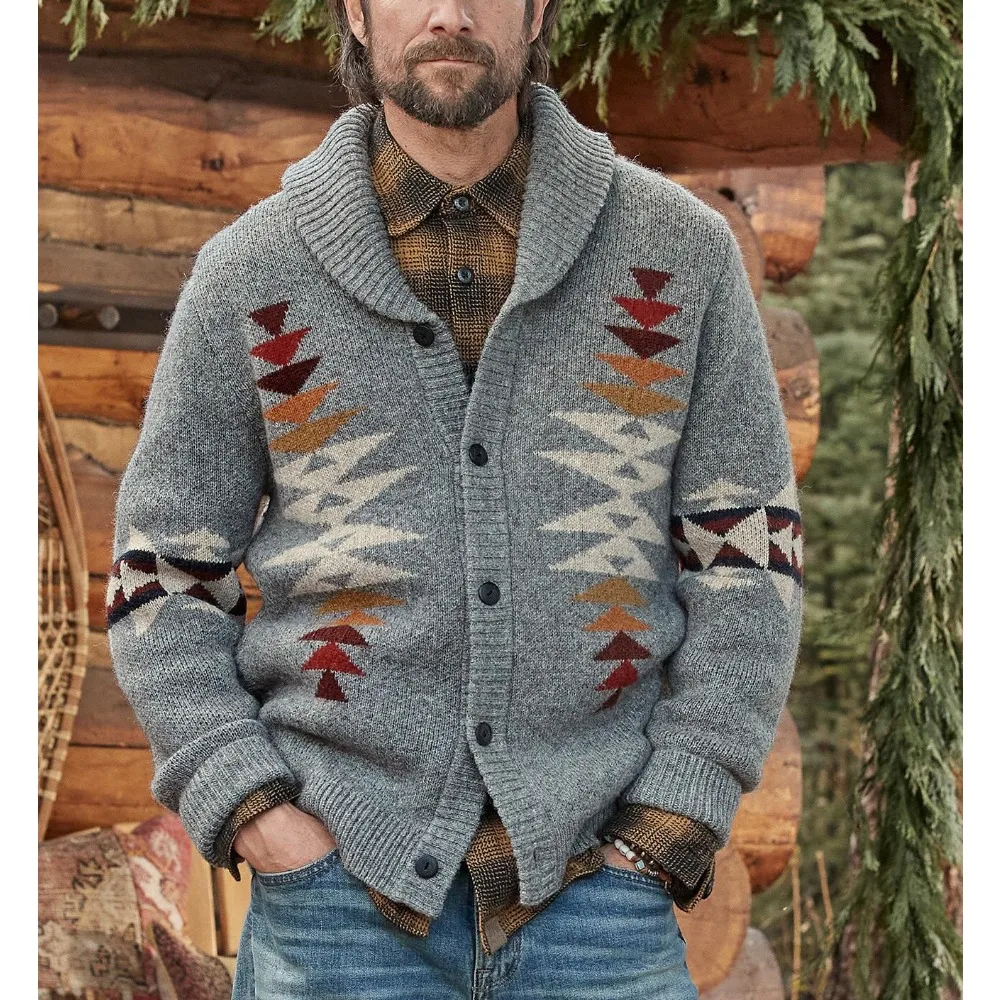 

Мужские свитера-кардиганы, толстое пальто с отложным воротником и длинными рукавами, однобортное вязаное пальто с принтом, осень-зима, новинка