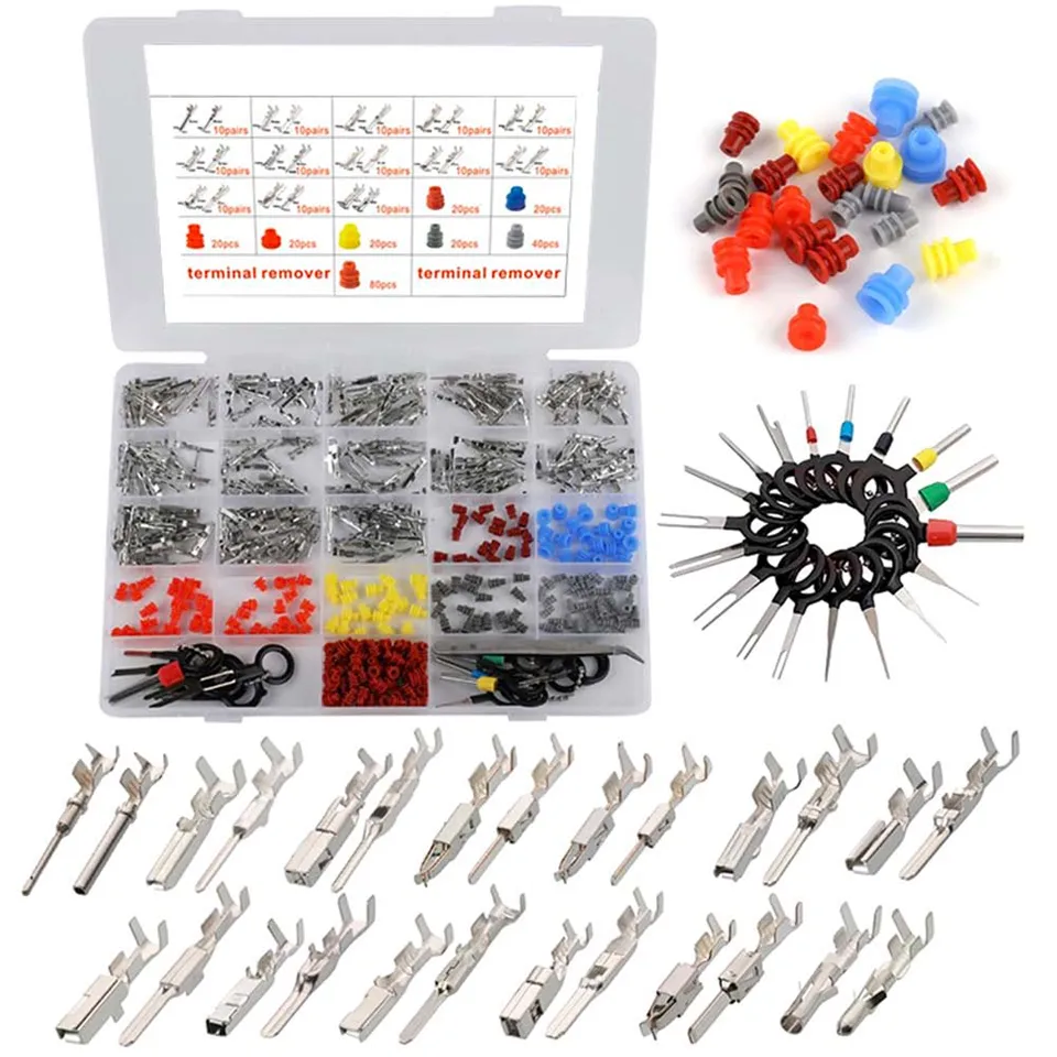 Produktbild von 950-teiliges Anschlussstift-Set – 1,5/1,8/2,2/2,3/2,8/3,5 Mm, Männlich/weiblich, Wasserdicht, Mit Crimpzange & Entnahmewerkzeug