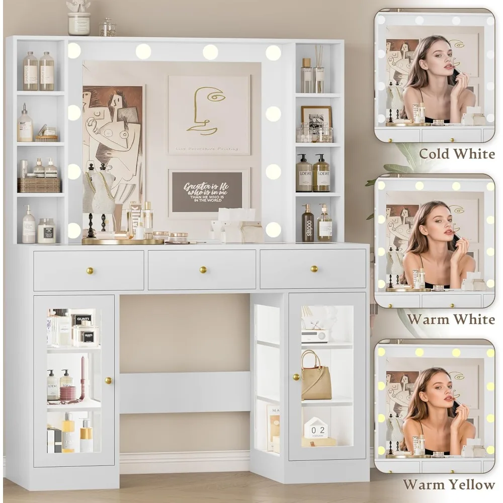 White Vanity with Glass Top, LED Lights & Power Outlet, 3 Drawers
