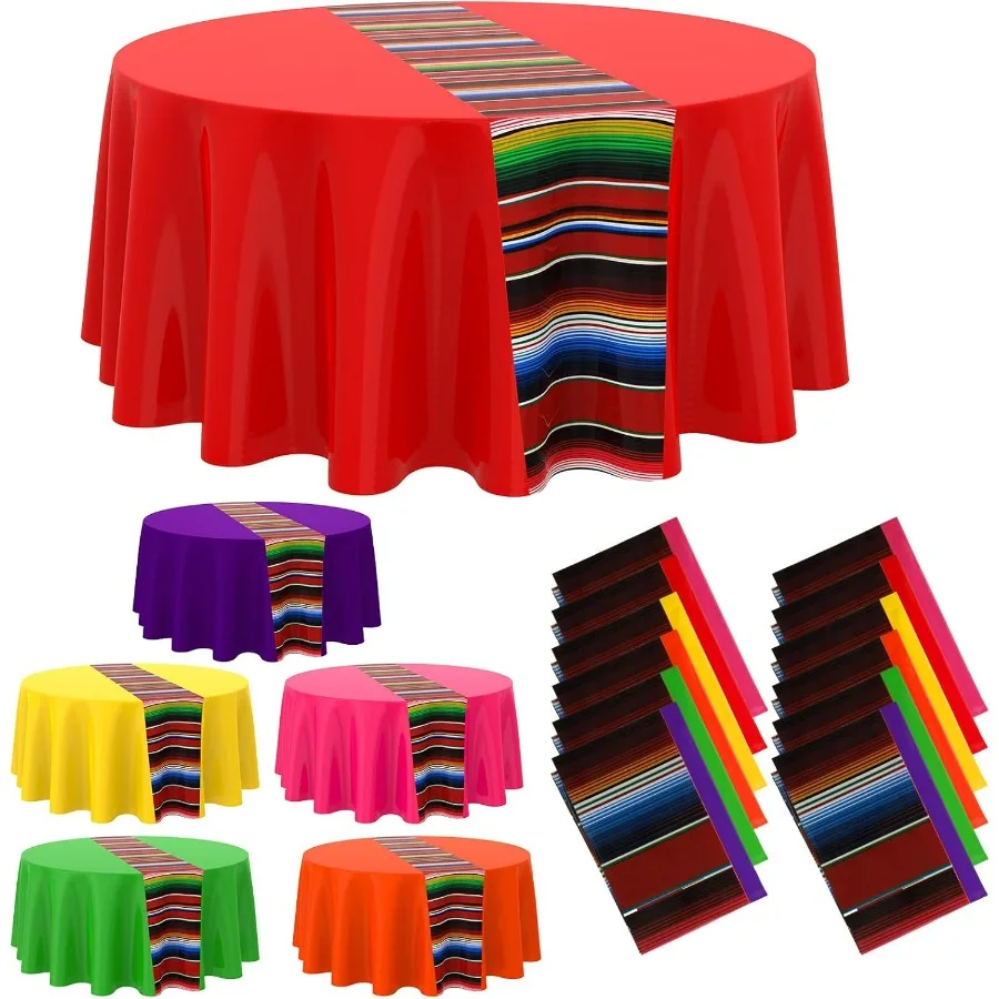 

24 Pcs Mexican Fiesta Tablecloth 84 Inch Plastic Tablecover Waterproof Round Tablecloth Striped Serape Table Runner for Mexican
