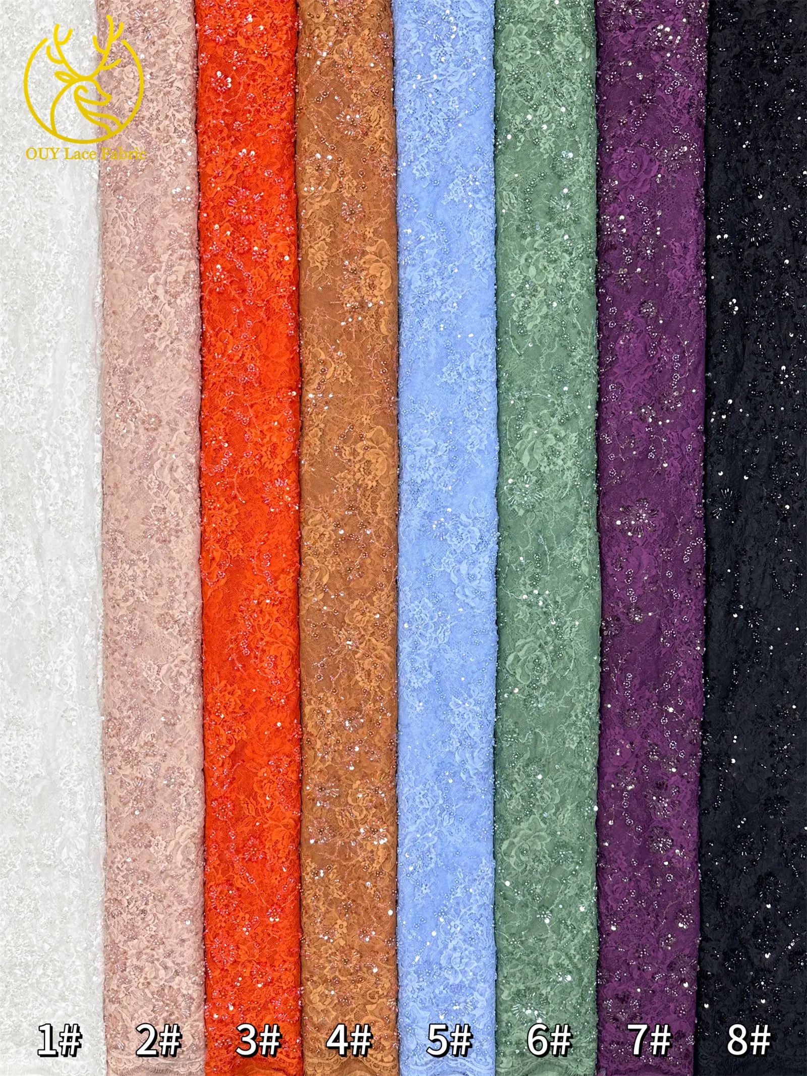 3 Meter exquisiter Perlen-Spitzenstoff, afrikanischer Spitzenstoff mit Pailletten und verstreuten Blumenstickereien zum Nähen von Brautkleidern – Detail 29