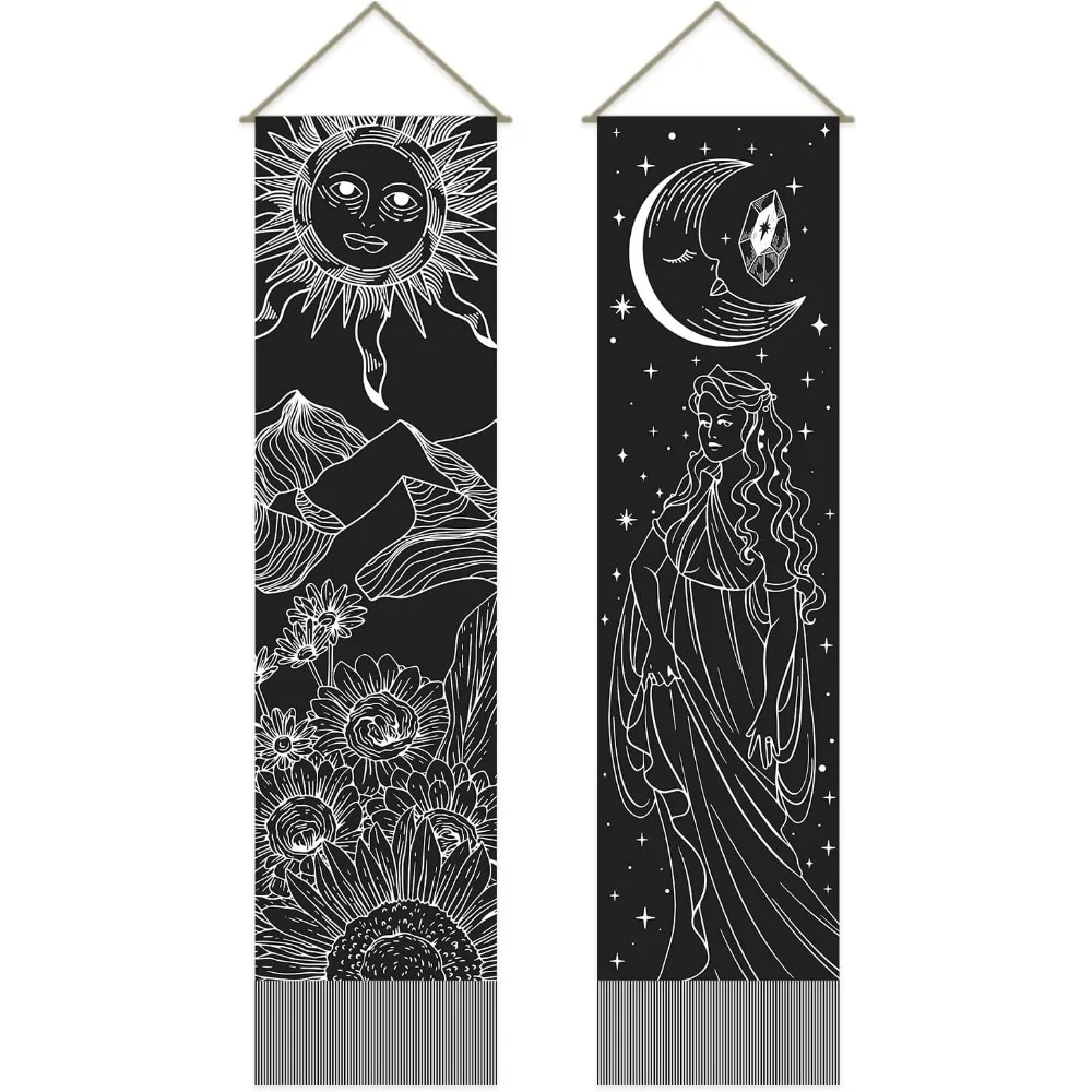 2 Pcs Tarot Theme Pattern Tapestry Sun and Moon Goddess Long Vertical Tapestry Wall Hanging Tarot Card Wall Art