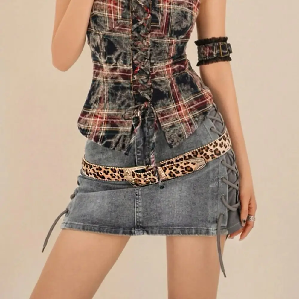 Y2K ヒョウ柄ベルトクールマットレザー彫刻バックルベルトヒップホップ合金 PU ヴィンテージウエストバンド衣類アクセサリー