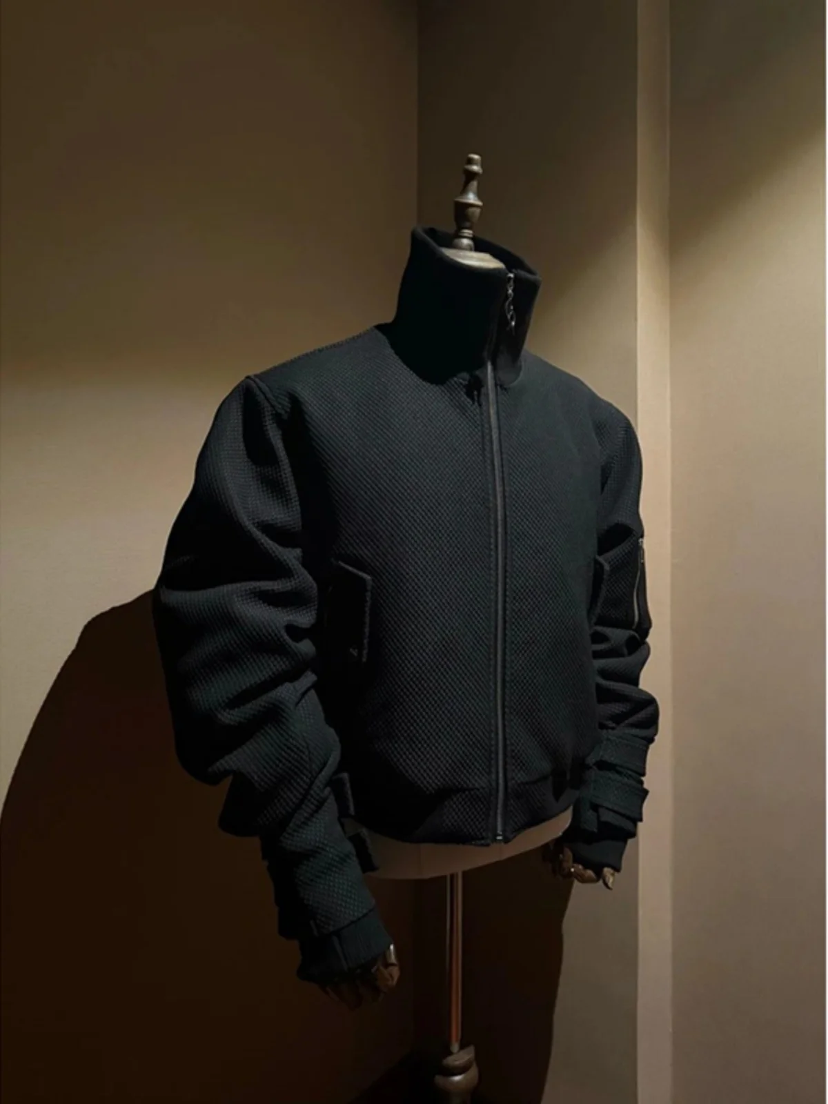 

American Sle Bomber Jaet with Belted Sves And Stand Collar for Men Winter Casual Long Sve Zipper Closure Cotton Coat