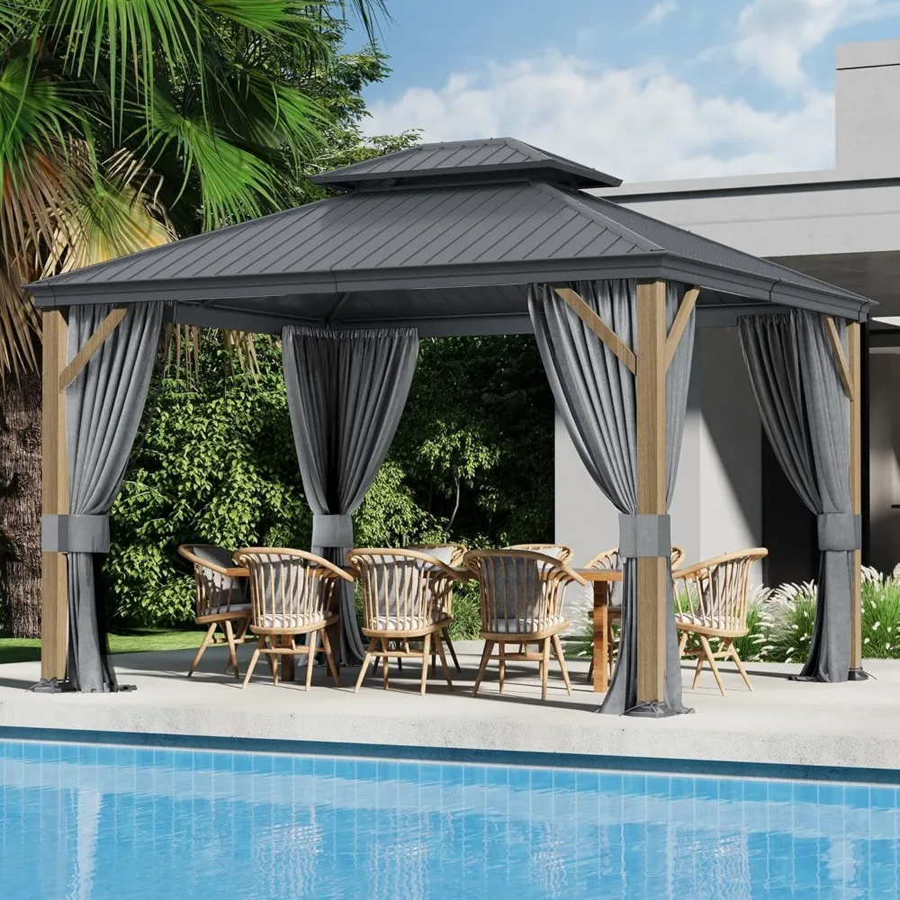 10x12 Ft Hardtop Gazebo,Curtain and Netting Included, Pergola for Patio, Garden, Backyard, Outdoor Double Roof Canopy