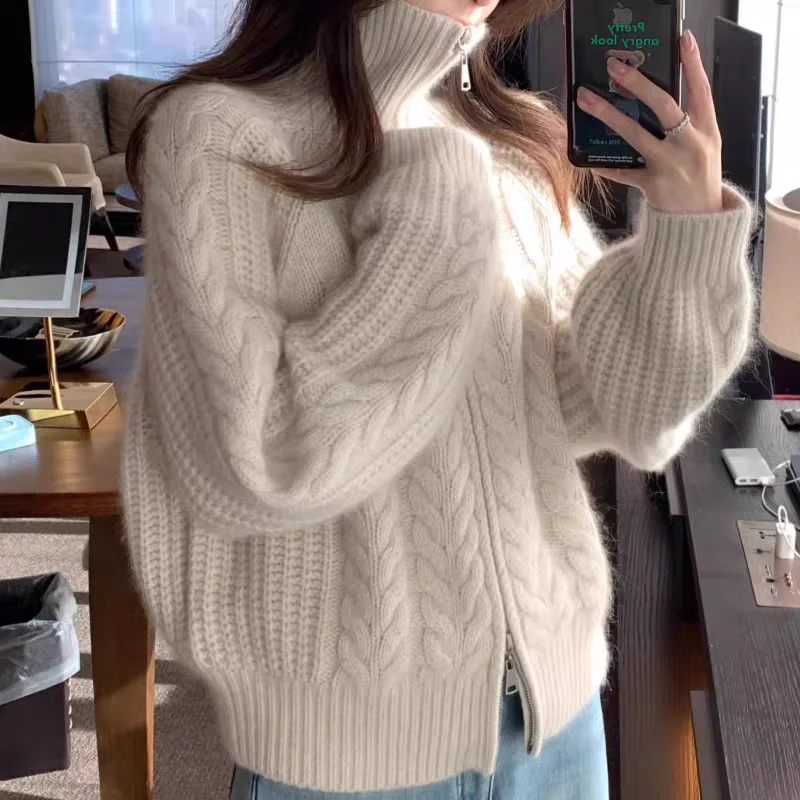 

Зимний кардиган Yuanbao с двойной молнией, женский вязаный свитер из 100% мериносовой шерсти с высоким воротом, высококачественные утепленные свободные топы