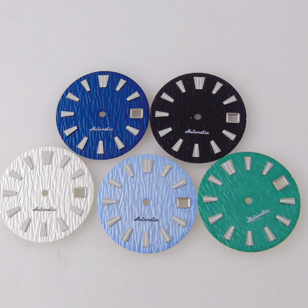 Taucher uhr Teile steril 29mm Zifferblatt Zifferblatt für nh35 nh36 Uhrwerk grün leuchtend steril Silber Rand Hand Datums fenster