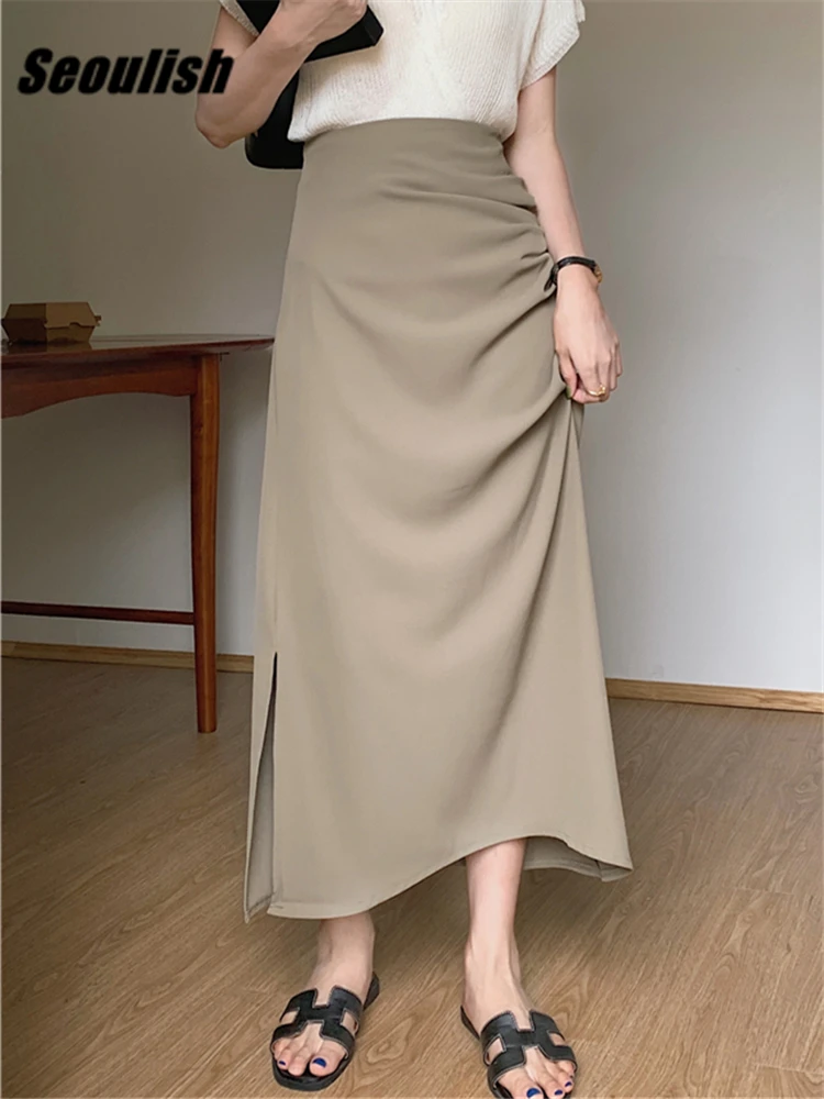 

Seoulish Pleated Side Split Women's Long Skirts 2022 New Autumn High Waist Workwear Office Ladies Straight Wrap Skirts