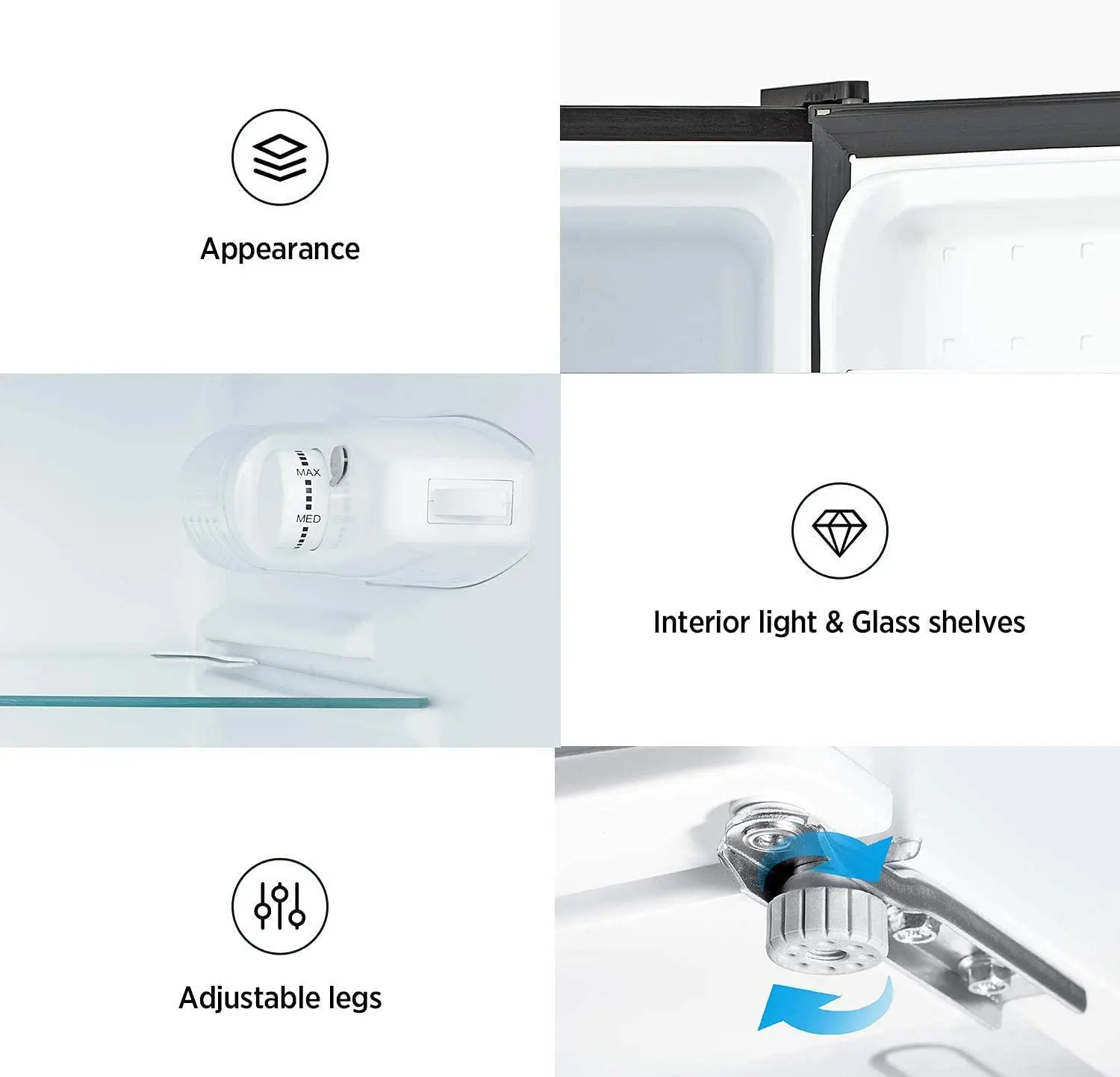 Megmeet-refrigerador compacto de acero inoxidable, refrigerador con rango de temperatura ajustable, interior fácil de limpiar