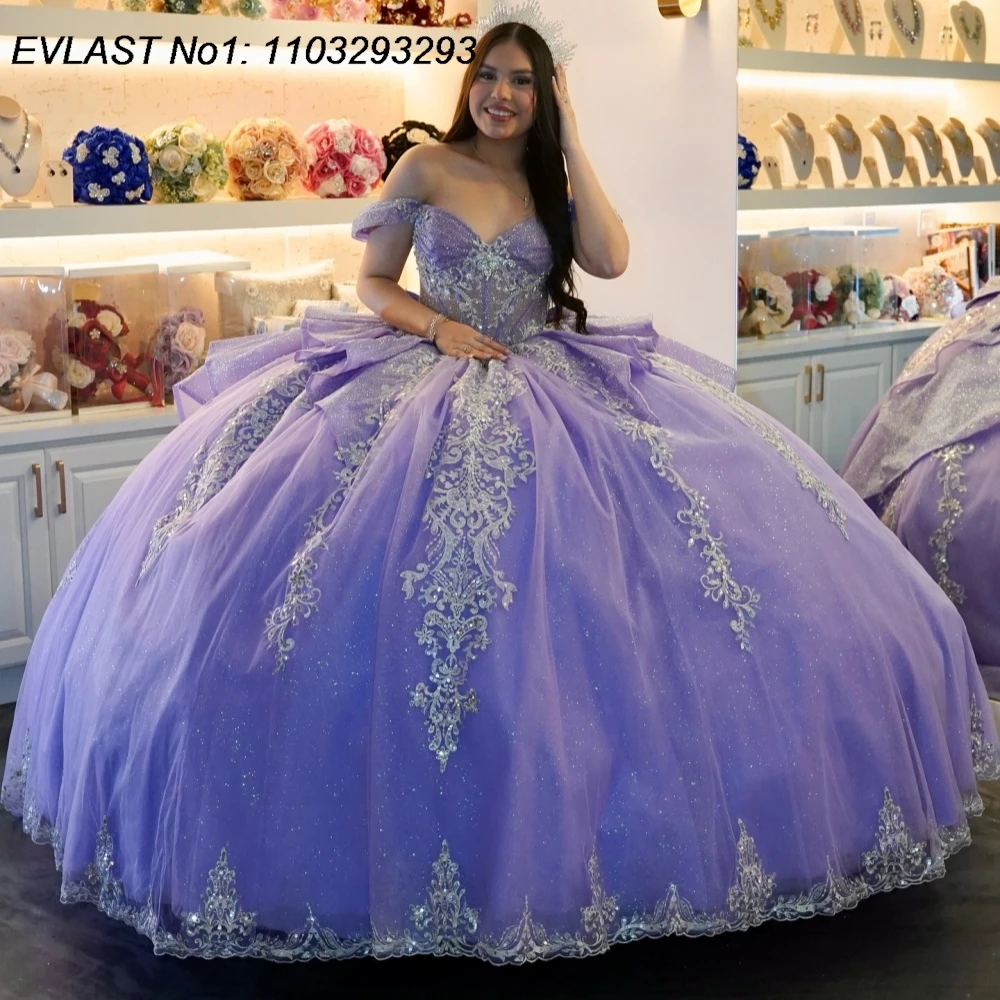 

EVLAST Customized Glitter Purple Ball Gown Quinceanera Dress Lace Applique Beaded Crystal Sweet 16 Vestidos De 15 Anos E1QN66
