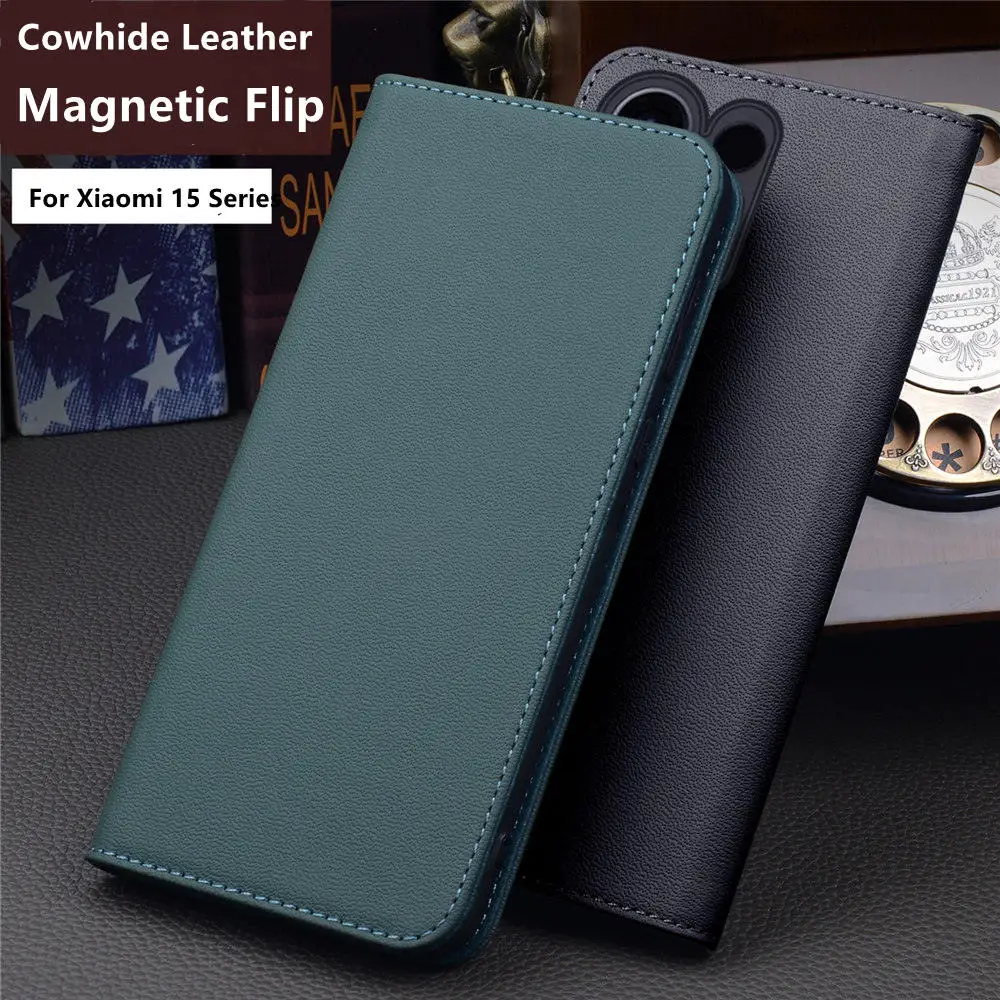 

Genuine Cowhide Leather Magnetic Flip Case For Xiaomi 15 15 Pro 15 Ultra Business Cover