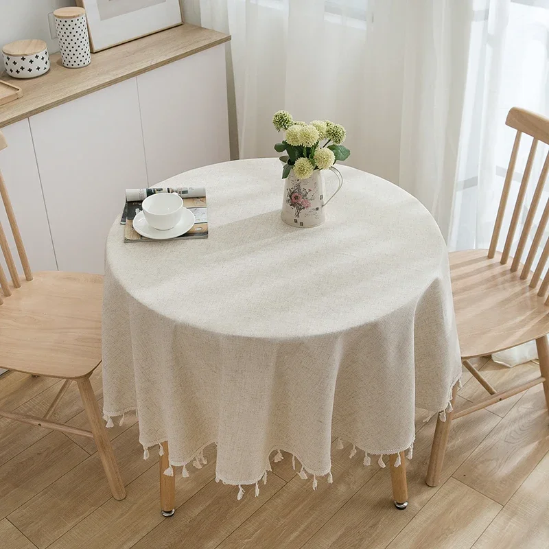 Solid Color Round Tablecloth Cotton Linen Fabric Tassel Dust-Proof Table Cover for Kitchen Dinning Farmhouse Tabletop Decoration