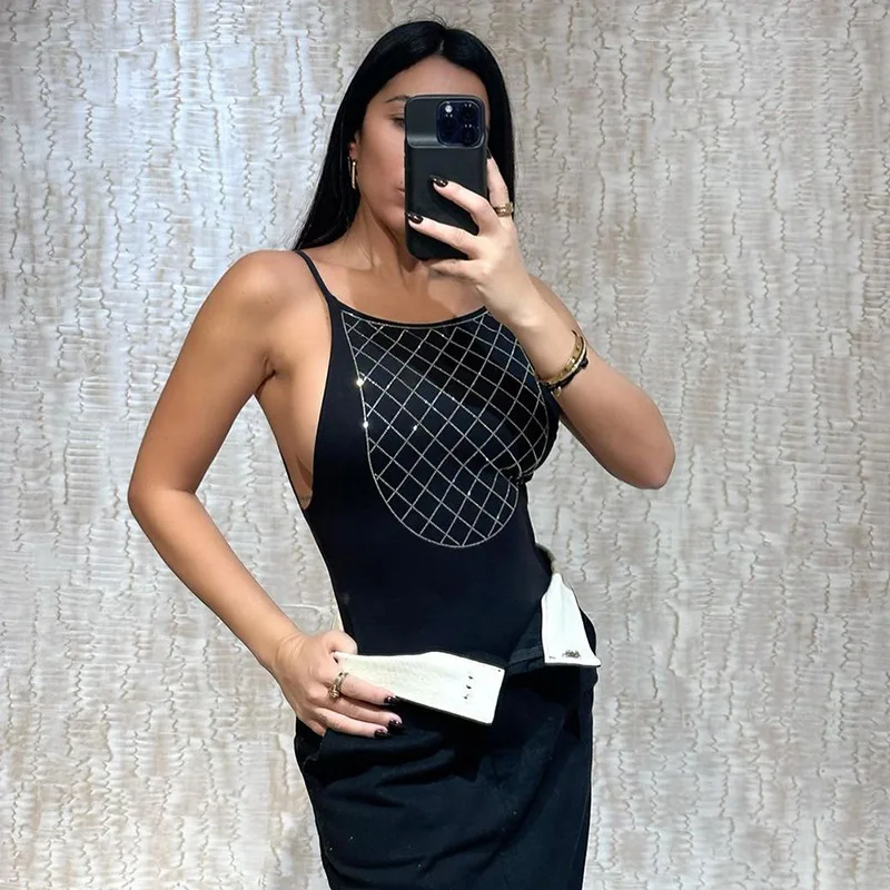 

2024 Summer Women's jumpsuit Y2K sleeveless tight fitting shirt solid color sexy hot diamond mesh sexy top jumpsuit