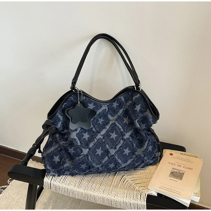 Denim Canvas Grid Umhängetasche, Damen-Umhängetasche mit großem Fassungsvermögen, lässiger, niedlicher Wald-Stil, Reisetasche, Handtasche für den täglichen Pendelverkehr, Blau – Detail 15