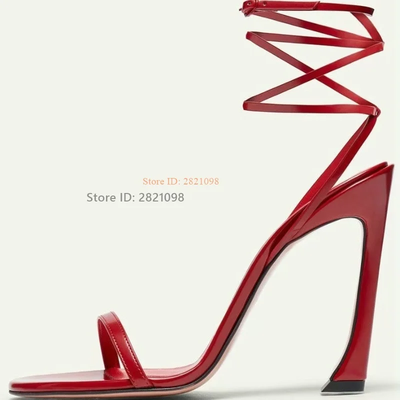 

Hot Red Patent Leather Lace Up Ankle Wrap Chunky Heeled Sandals One Belt Shiny Women High Heel Open Toe Summer Shoes