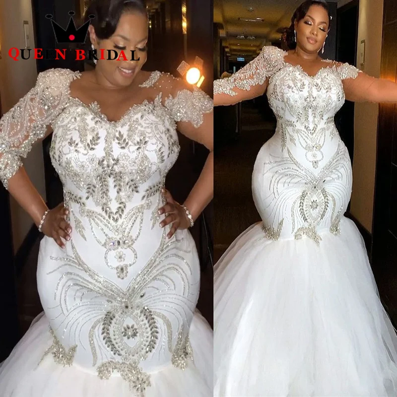 

Plus Size Mermaid Wedding Dresses Bridal Gown Long Sleeves Crystals Beaded Jewel Neck Custom Made SS21