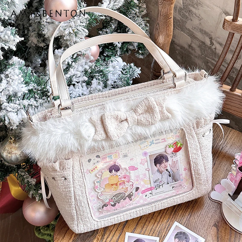 Original Cute Handbag Lolita Tweed Woven Plush Splicing Tote Bag Kawaii Bow Transparent Crossbody Bags for Women Pearl Itabag