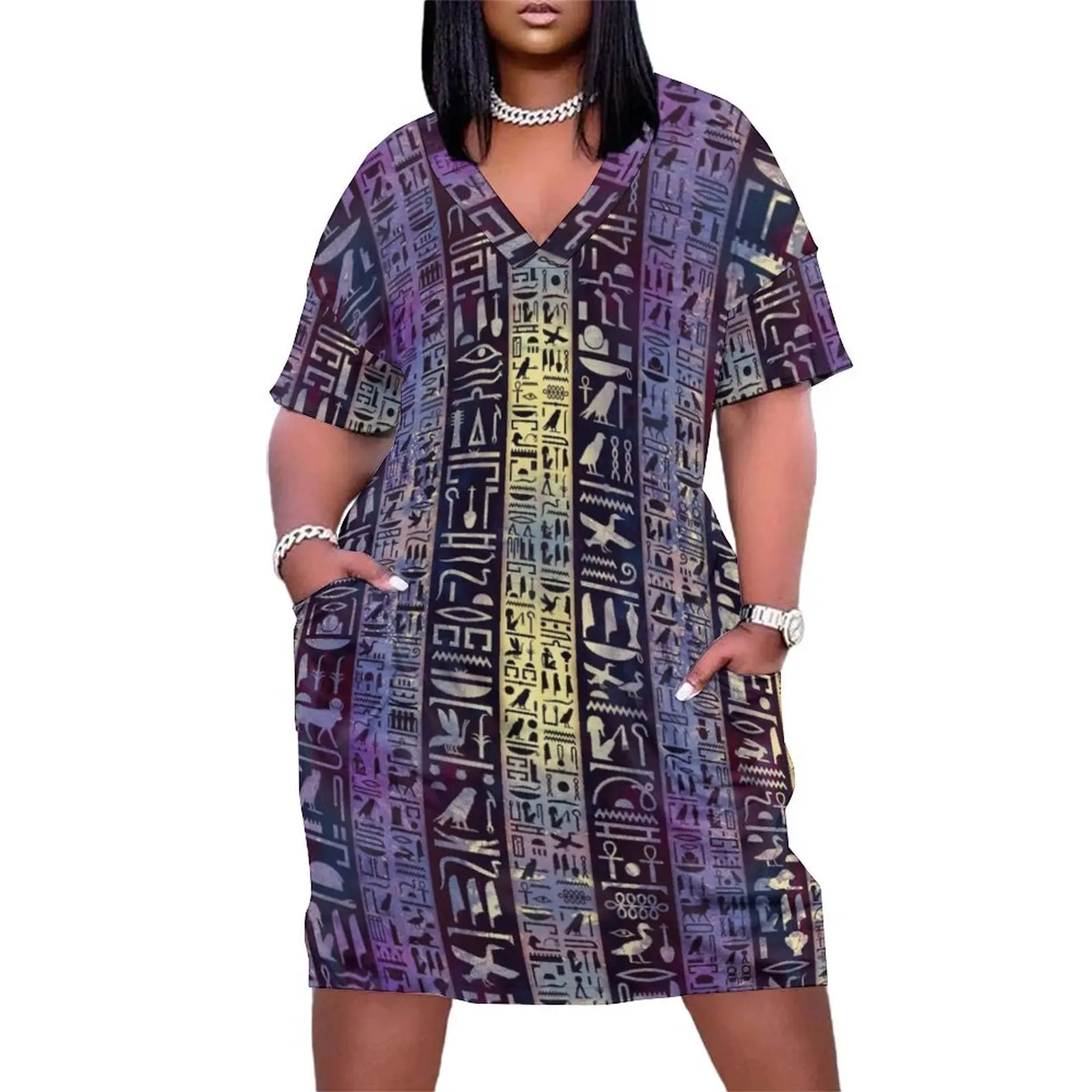 Egyptian hieroglyphs on purple violet painted texture Loose Pocket Dress dress for woman Womens dresses Summer skirt