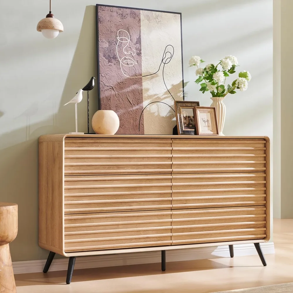 

Living Room cabinet 54 "wide mid-century modern wood trough, 6 drawer cabinet (natural oak)