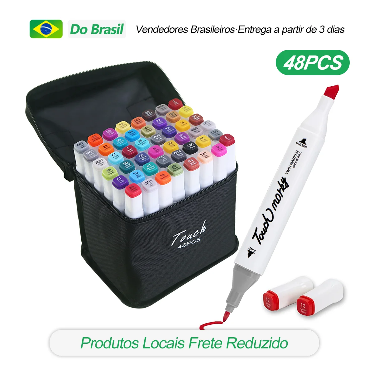 Marcador de 48 cores, caneta de desenho, escrita de esboço de caneta dupla, marcador com bolso de armazenamento com zíper