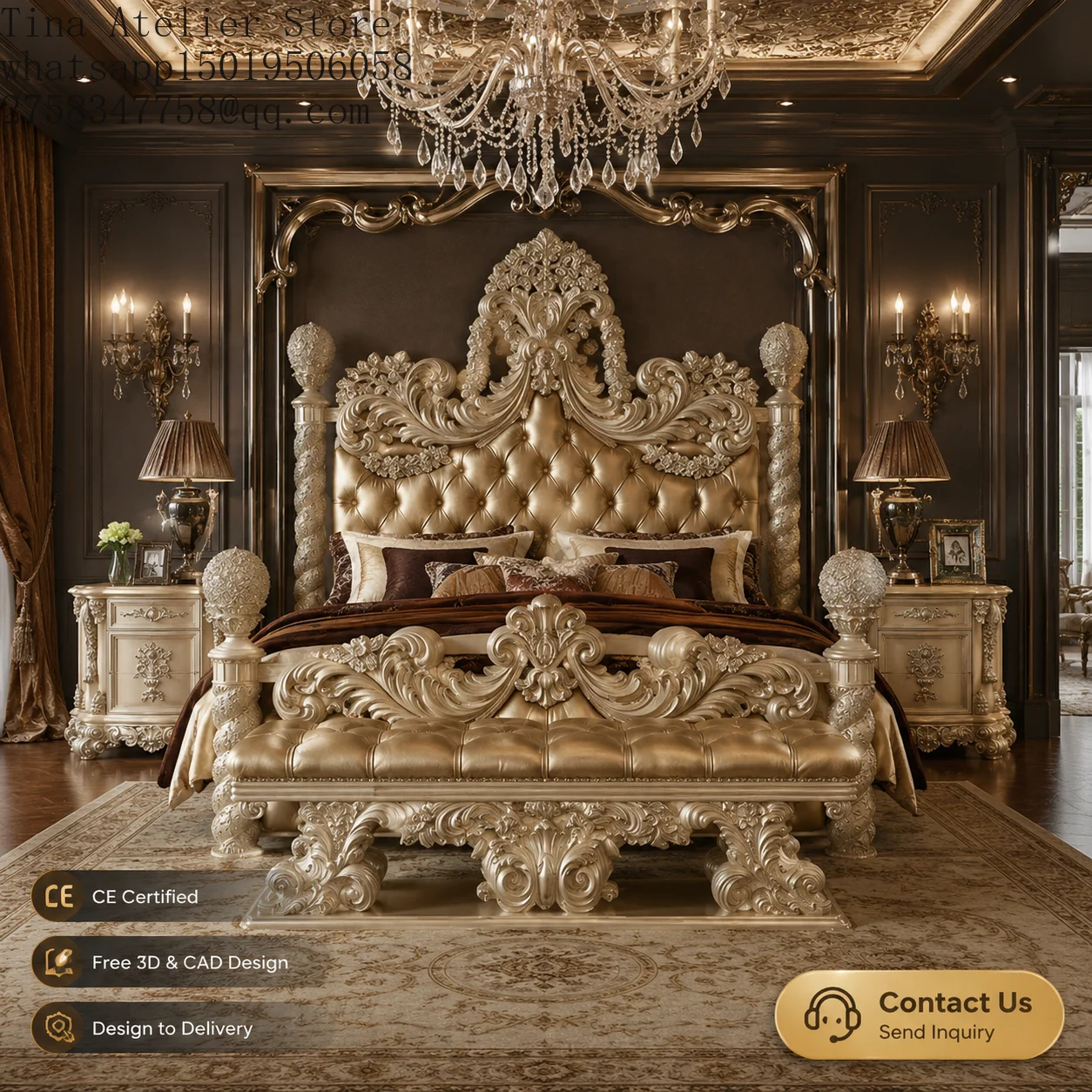 Villa Project European Style Solid Wooden Hand Carving Leather Royal Bed King Size Headboard Set Lux=ury Bedroom Furniture