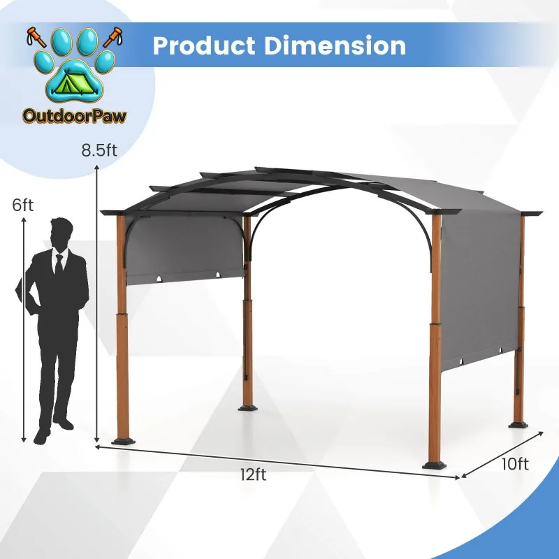10 x 12 FT Outdoor Retractable Pergola w/ Retractable Canopy Wood Looking Posts