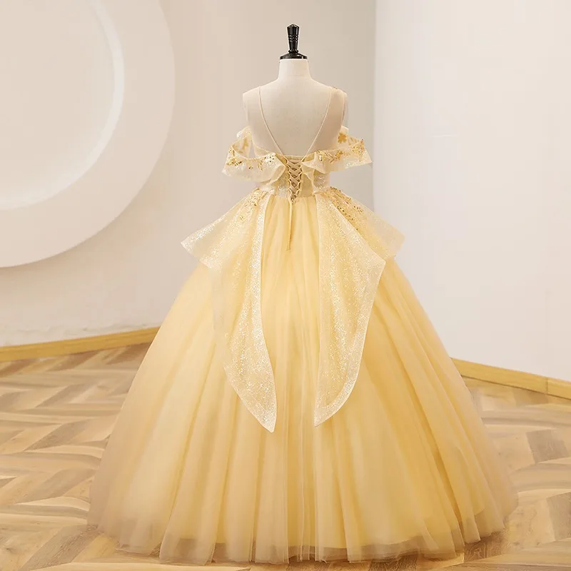 New color yarn yellow evening dress students vocal art test performance dress Bel Canto solo Pondy skirt presided over the annua