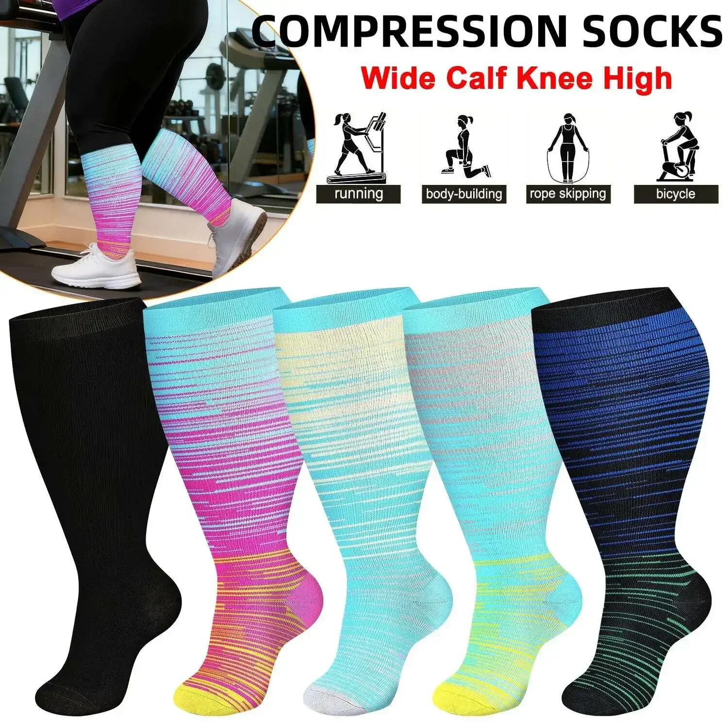

Plus Size Wide Calf Compression Socks for Women Men Knee High Graduated Support Stockings Breathable Athletic Sports Socks for Running Cycling Travel Flight Nurses Swelling Edema Relief 1 Pair