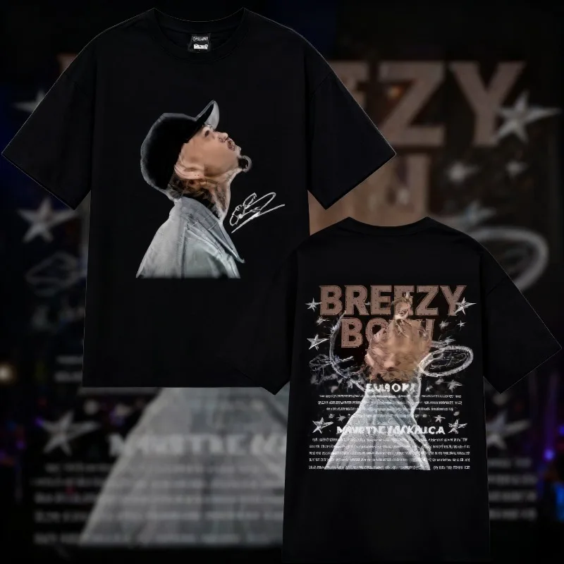 2025 الصيف مغني الراب كريس براون بريزي السلطانية XX جولة 100% القطن تي شيرت مطبوع الرجال موضة الهيب هوب عادية المتضخم الشارع الشهير #1