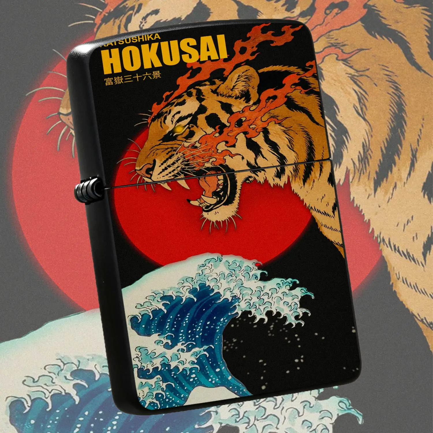 Ukiyo-e Style Tiger Flame Lighter Katsushika Hokusai Inspired 36 Views of Mount Fuji Wave Pattern Portable Igniter Ideal for Daily Use Gifting Casual Occasions Unique Creative Decorative Practical Acc A Humorous And Interesting Lighter