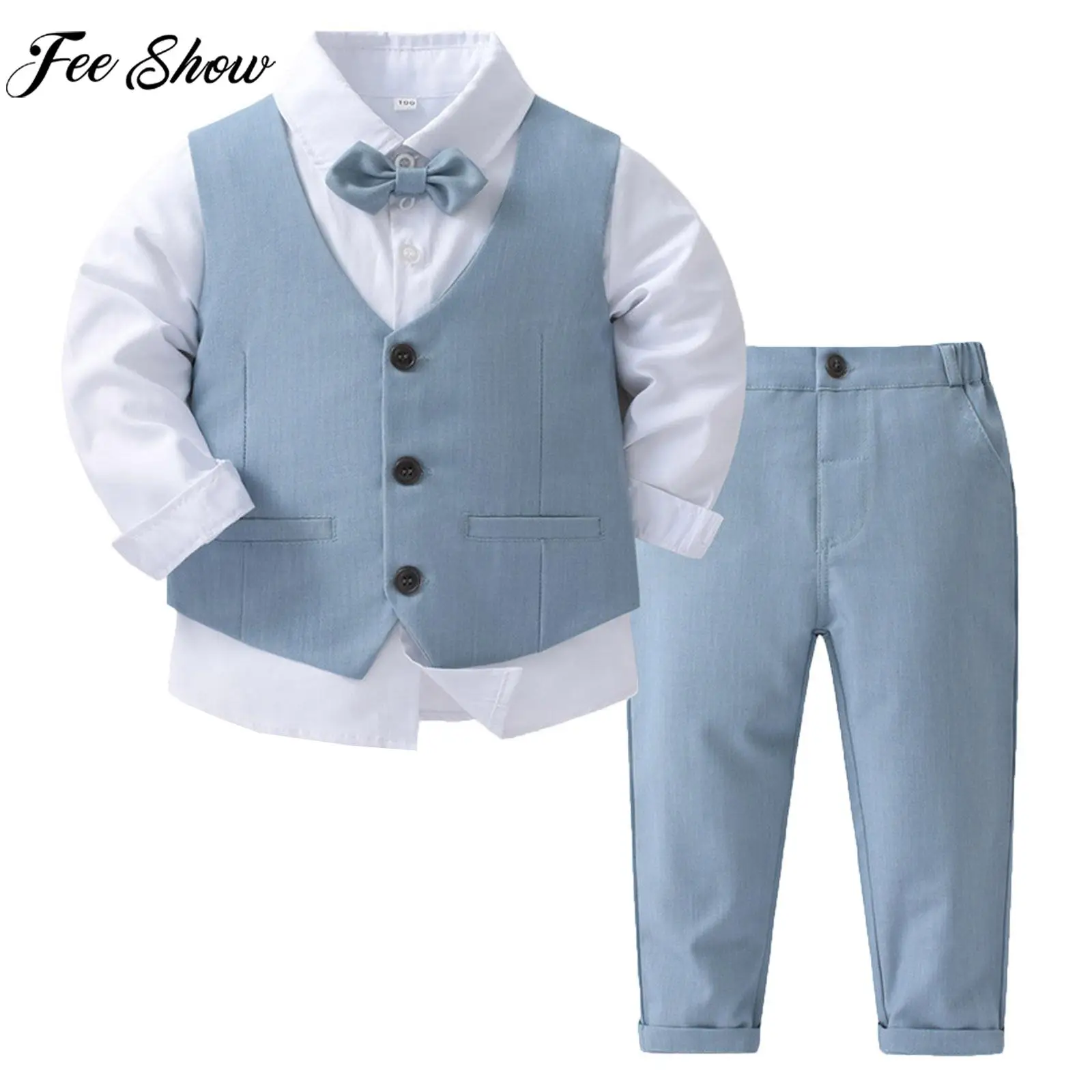 

Kids Boys Formal Gentleman Suit Long Sleeve White Shirt with Bow Vest Pants Christening Birthday Wedding Evening Party Outfits