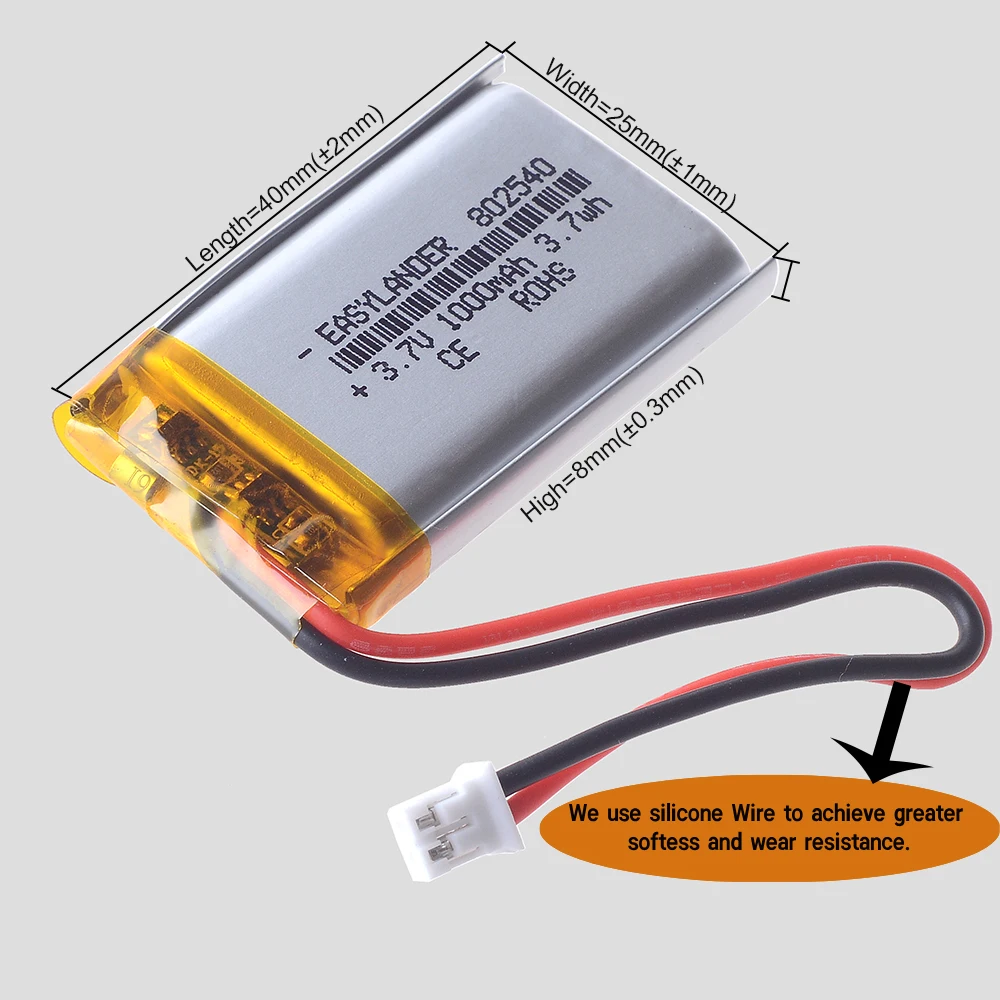 10Pcs/Lot JST2.0 2P  3.7V 1300mAh 102540 Lithium Li-ion Polymer Battery 302540 402540 502540 602540 702540 802540 902540