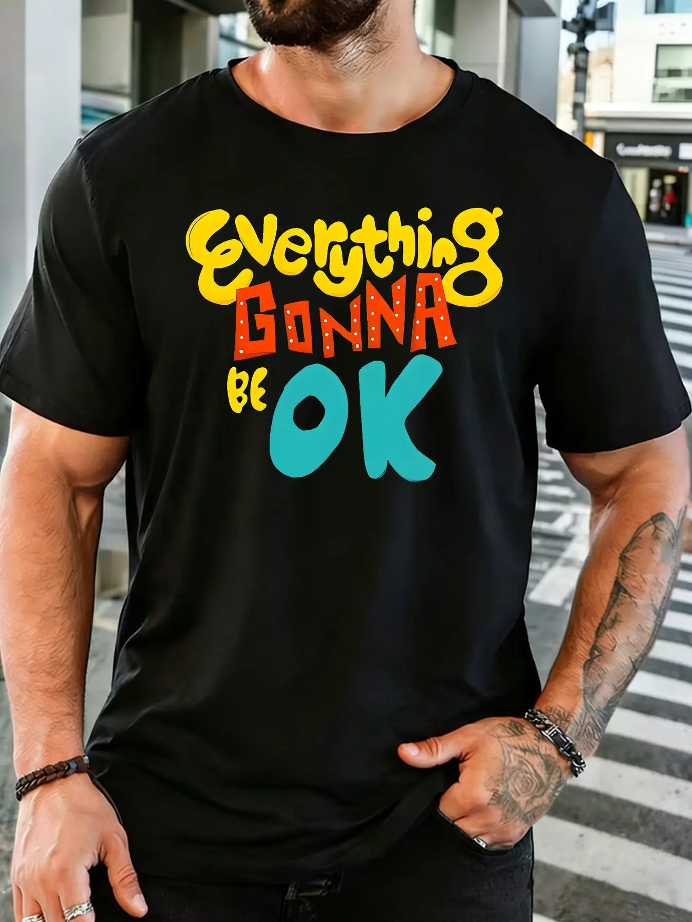 Fashion Mens White Basic Tee Fun Bubble Font Everything Gonna Be OK Uplifting Positive Slogan Casual Short Sleeve Shirts