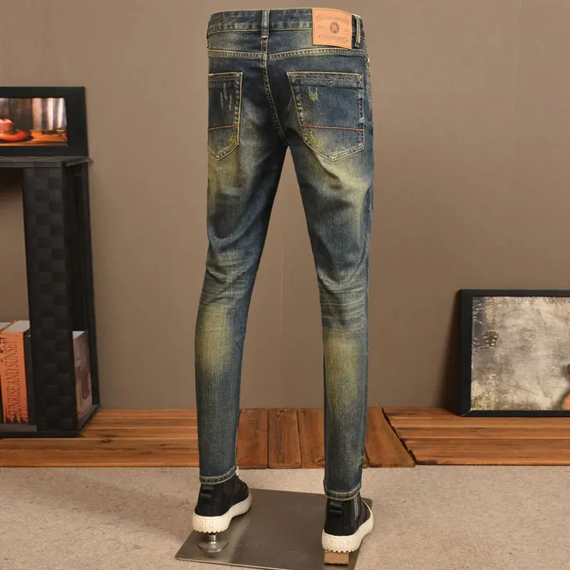 Newly Designer Fashion Men Jeans High Quality Retro Washed Blue Stretch Slim Fit Ripped Jeans Men Vintage Casual Denim Pants