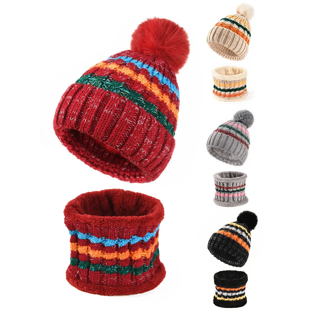 ชุดหมวกบีนนี่และผ้าพันคอไหมพรมลายทางสำหรับผู้หญิงและผู้ชาย 2 ชิ้น สำหรับฤดูหนาว บุขนแกะ อุ่นสบาย ใช้คลุมศีรษะและคอ เหมาะสำหรับเทศกาลคริสต์มาส