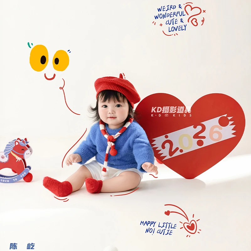 3-4 Month Newborn Photography Costume Cute Blue Sweater +Pants +Red Beret +Striped Scarf +Socks 5pcs/Set Baby Photoshoot Outfit