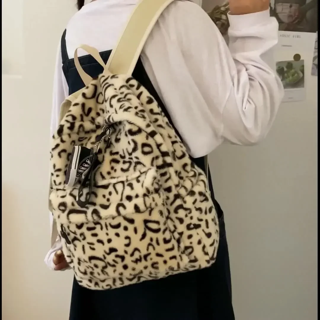 

Plush Bag Casual Backpack School Shoulder Bags Women Cow Leopard Pattern Travel Rucksack Lady Teenager Student Packet